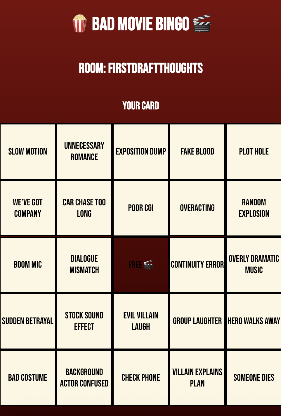 bad movie bingo card